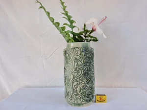 Sage green Embossed tall cylinder vase. Handcrafted by Jo Ceramics.