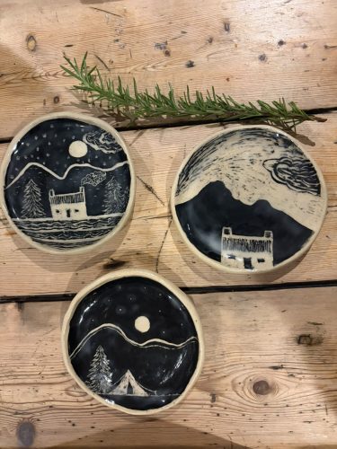 Sgraffito plates by Jeanie - pottery class student