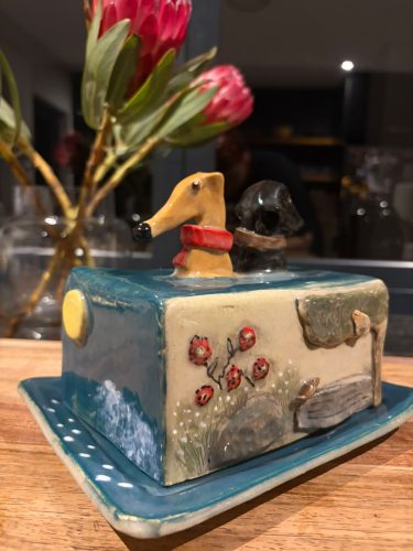 Sighthound butter dish by Jeanie - pottery class student