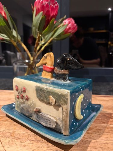 Sighthound butter dish by Jeanie - pottery class student