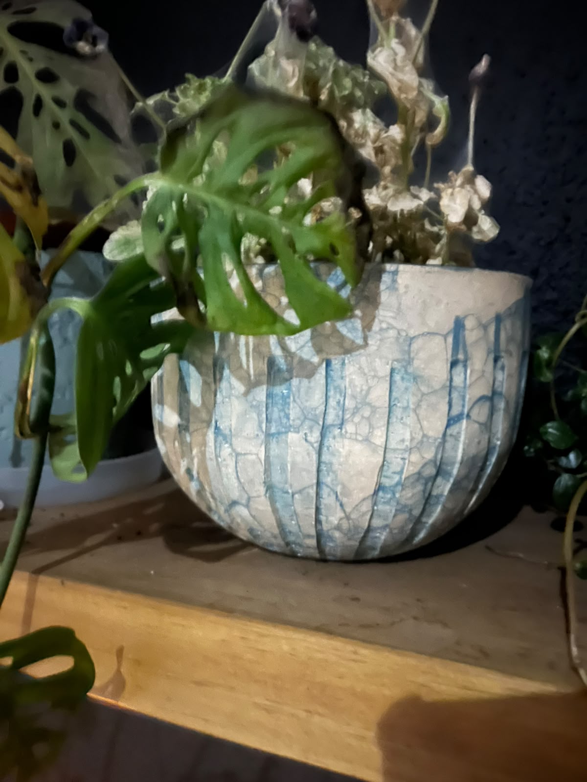 Pot with underglaze bubble stains by Hanri - pottery class student